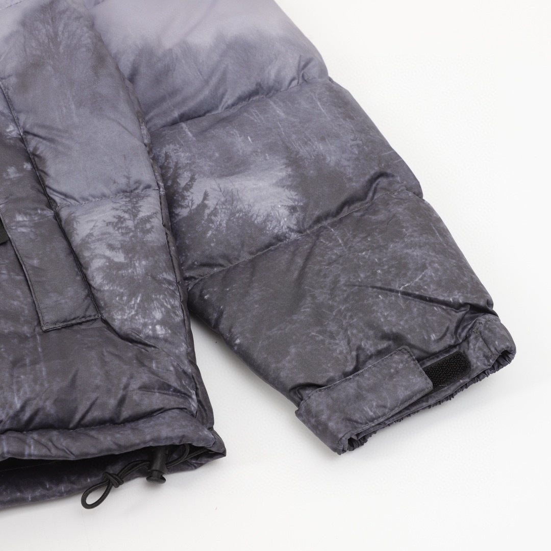The North Face Short Puffer Jacket Black Grey Forest Landscape Print Color Block Down Coat