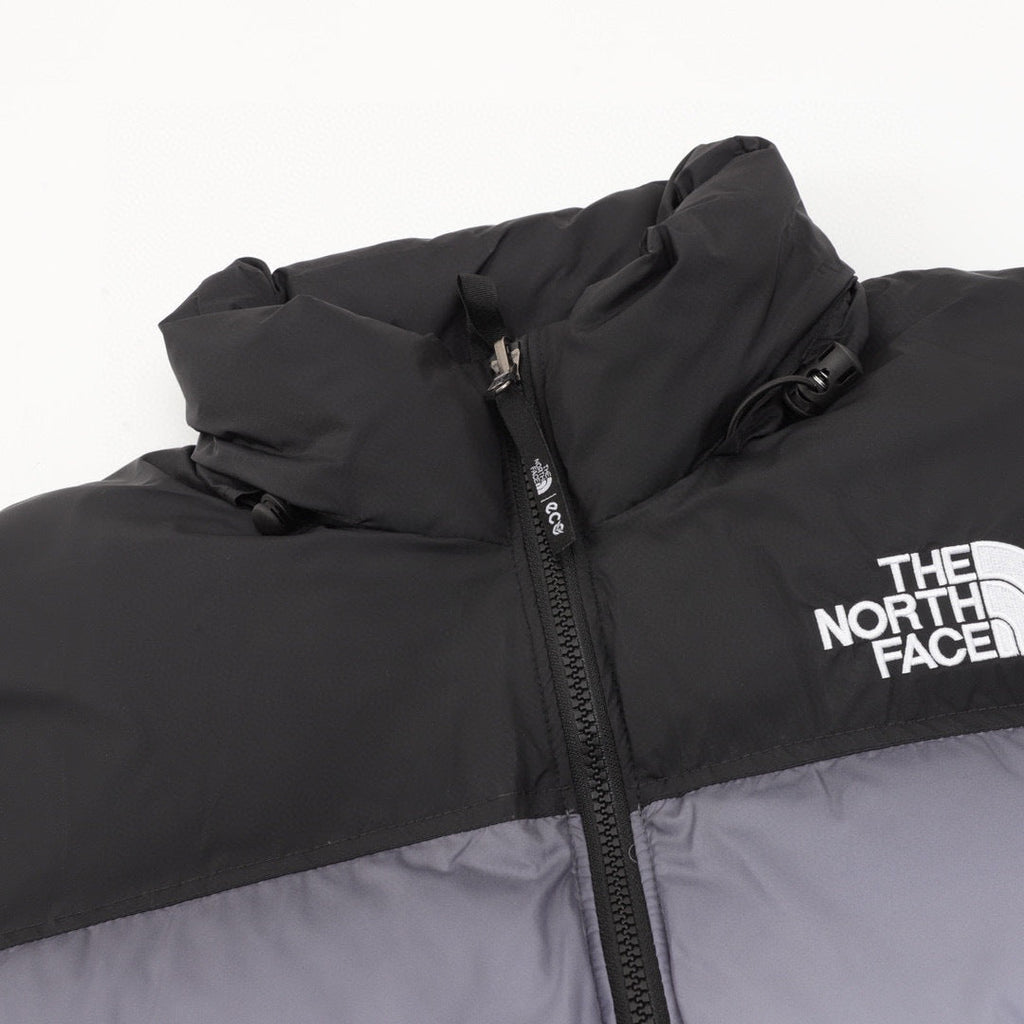 The North Face Short Puffer Jacket Black Grey Forest Landscape Print Color Block Down Coat