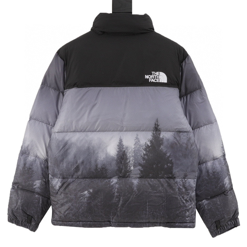 The North Face Short Puffer Jacket Black Grey Forest Landscape Print Color Block Down Coat