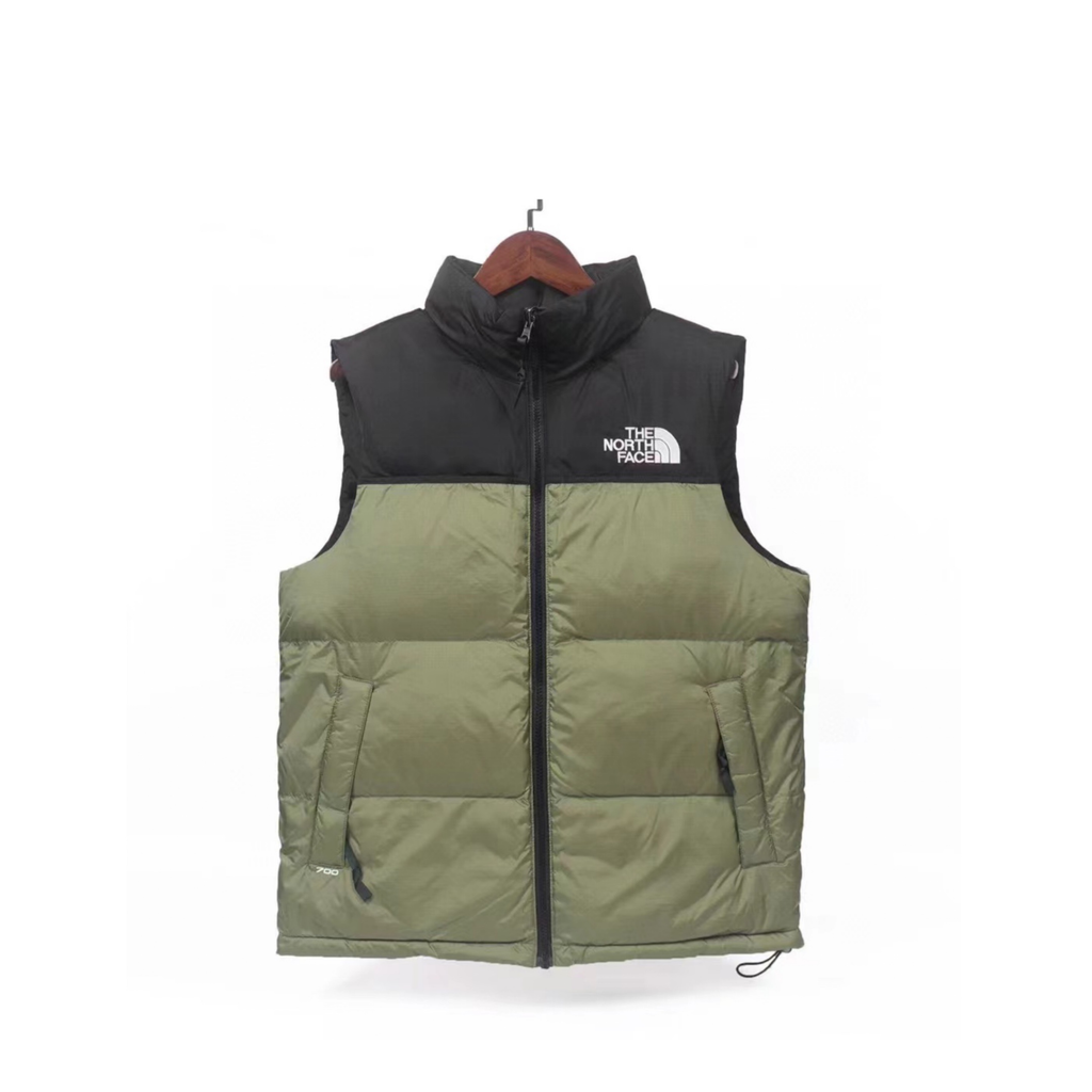 The North Face 700 Fill Power Puffer Vest "Olive Green" Color Block Sleeveless Down Gilet