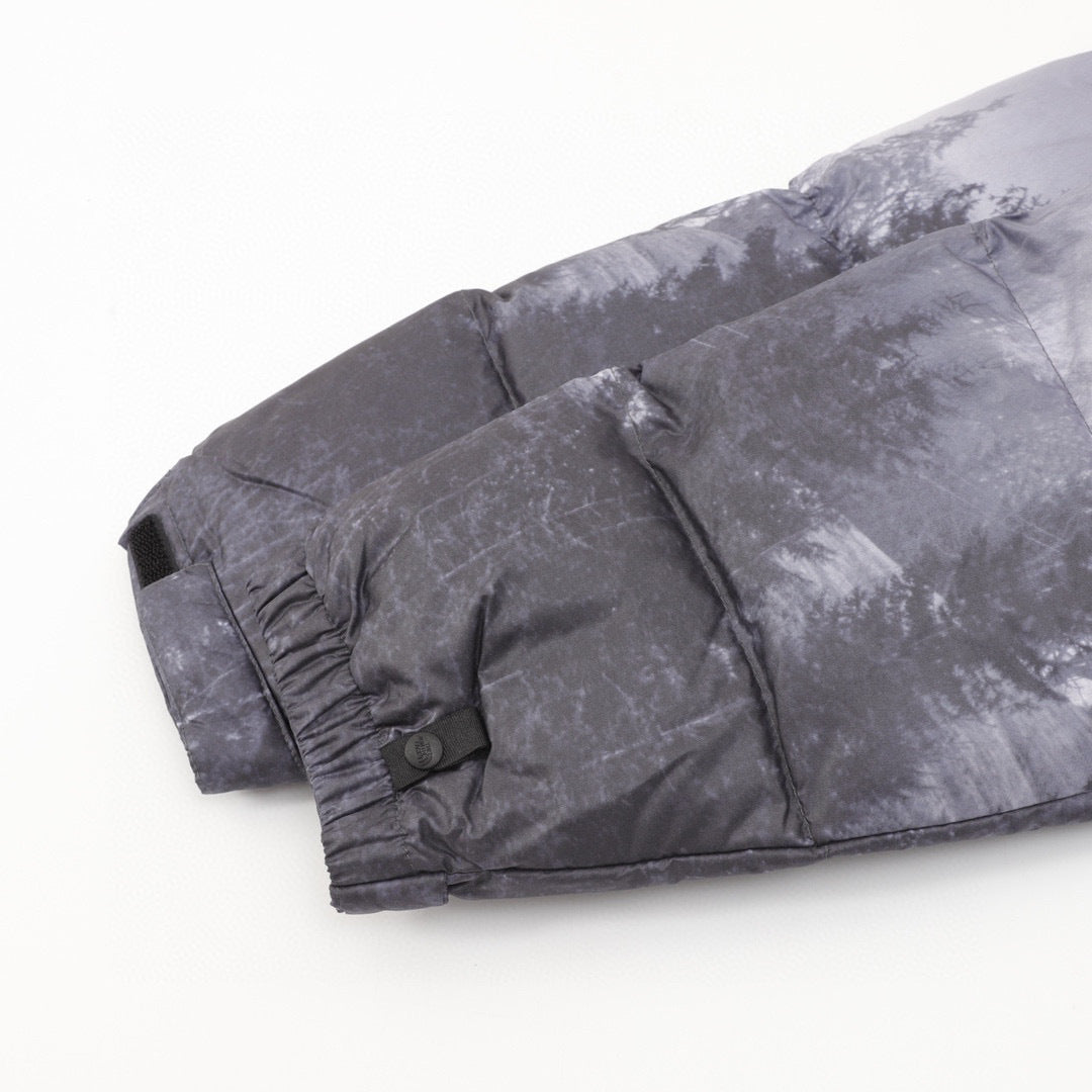 The North Face Short Puffer Jacket Black Grey Forest Landscape Print Color Block Down Coat